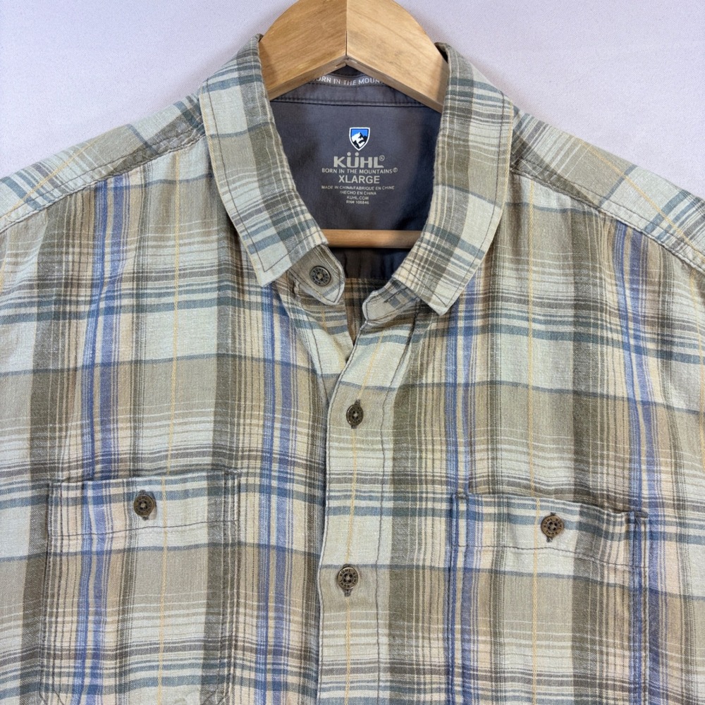 Kuhl Plaid Button Up Shirt Mens XL Green Linen Cotton Short Sleeve 7218 Hiking